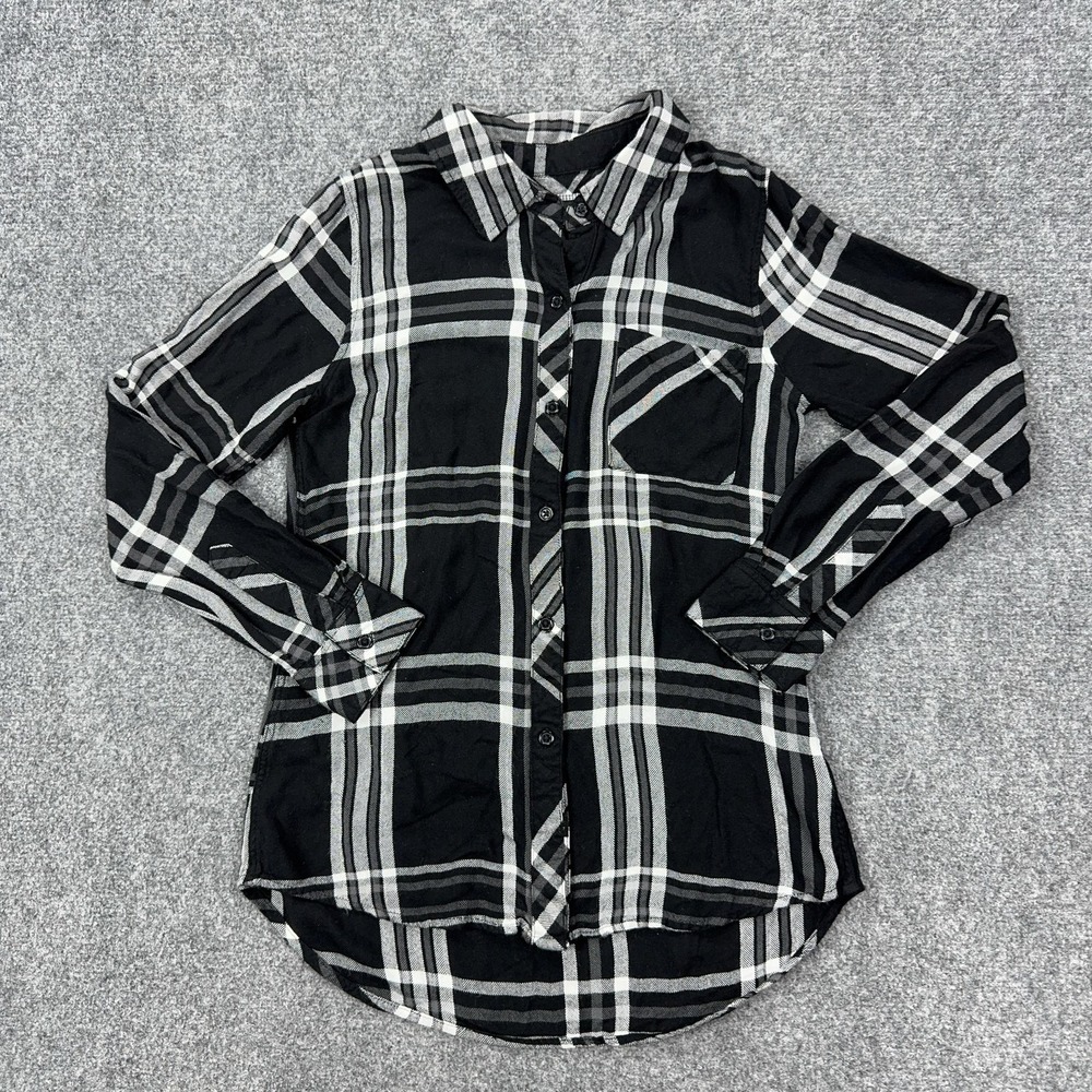 Rails Shirt Womens XS Black Plaid 100% Rayon Button Front Long Sleeve Top